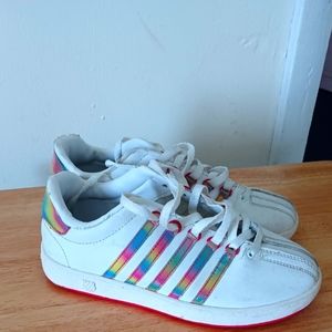Women, size 5 , white and rainbow 🌈 stripes on side, K-Swiss